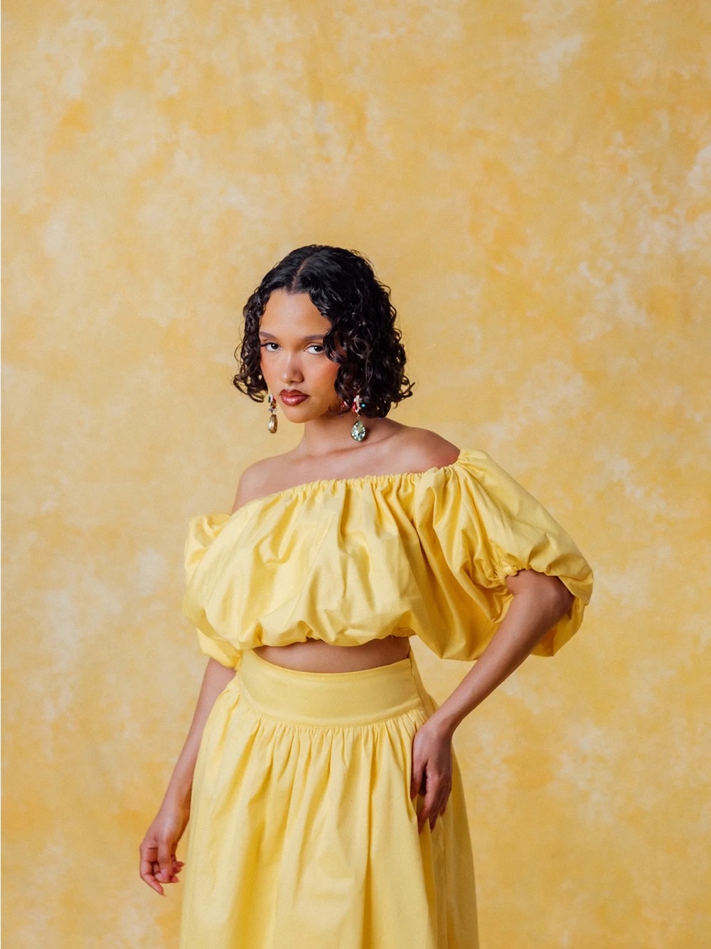 Kai Collective Amaya: Off-Shoulder Puff Sleeve Crop Top in Yellow
